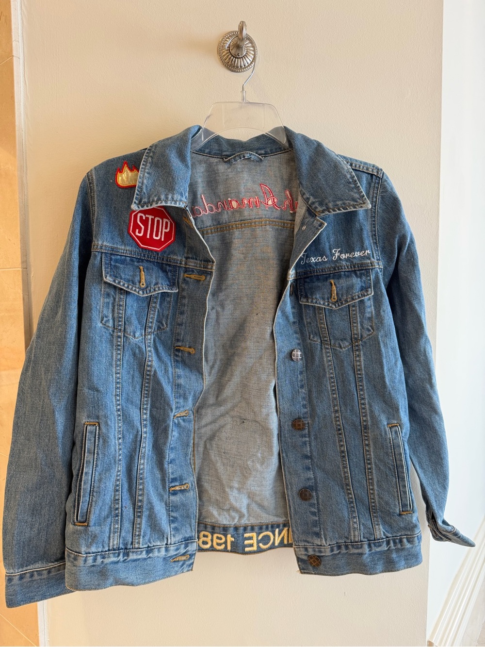 Embroidered Light Blue Denim Jacket with Patches